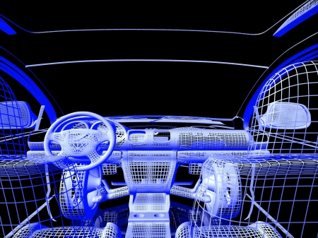 Car model on black background with reflectionの写真素材