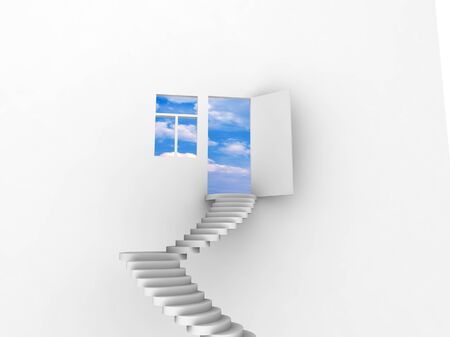Exit with stairway, door and window. Concept - echo house.の写真素材