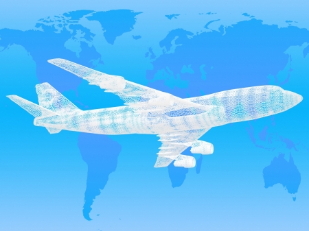 model of jet airplane on worldmap background. Concept - global travel.の写真素材