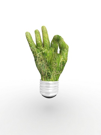 3D lightbulb - hand OK with grass. Concept - eco energy.の写真素材