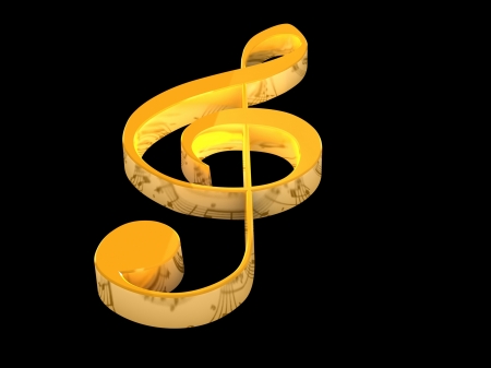 3D golden music key on black backgroundの写真素材