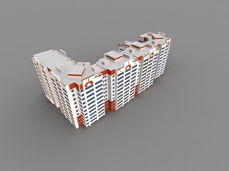 Modern building on gray background, 3D render.