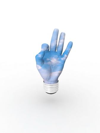 3D lightbulb - hand OK with sky. Concept - eco energy.の写真素材