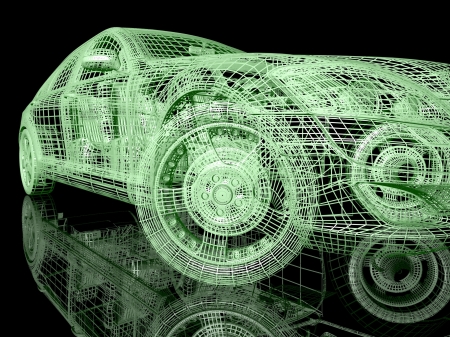 3D Car model on black background with reflectionの写真素材