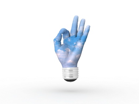 3D lightbulb - hand OK with sky. Concept - eco energy.
