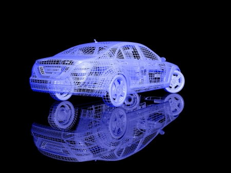 3D Car model on black background with reflectionの写真素材