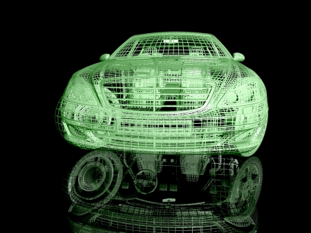 3D Car model on black background with reflectionの写真素材