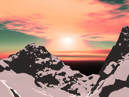sunrise on landscape with mountainsの写真素材