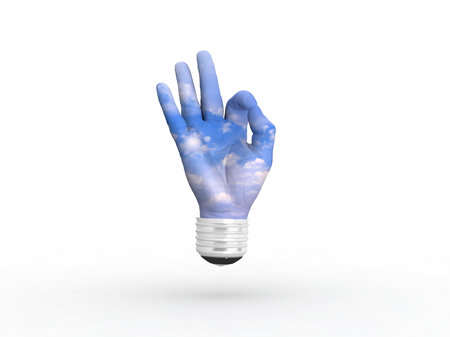 3D lightbulb - hand OK with sky. Concept - eco energy.の写真素材