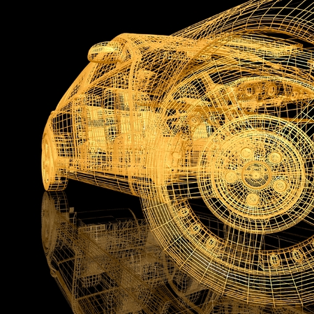 3D Car model on black background with reflectionの写真素材