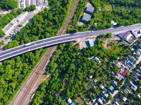 Aerial view. Houses, bridge and traffic in the city Dnepr, Ukraine.の写真素材