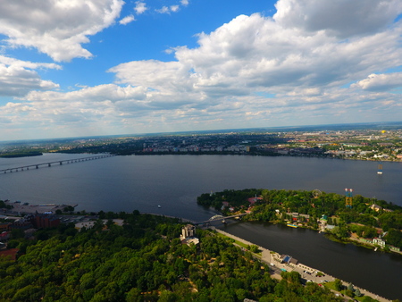 Aerial view. River and bridge in the city Dnepr, Ukraine.の写真素材