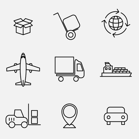 Logistics icon set. Black and white vector illustration of delivery. Box, pushcart, globe. Airplane, truck, ship. Shipment, map, car.のイラスト素材
