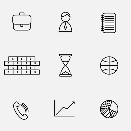 Vector icon set. Black and white vector illustration of business. Briefcase, man, note. Money, hourglass, globe. Phone, graph, diagram.のイラスト素材