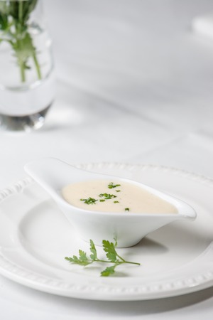 Tasty Bechamel sauce or white sauce with fresh greenery.の写真素材
