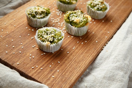 Homemade vegetarian muffins with blue cheese and spinachの写真素材