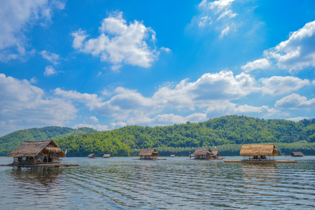 Bamboo raft at the river in Kanchanaburi Thailand