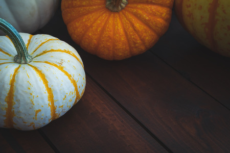 Colorful pumpkins displayed on a dark brown tableの写真素材