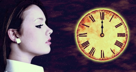 beautiful girl on time and space backgroundの写真素材