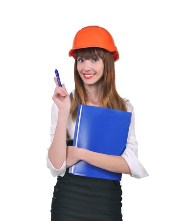 girl in a red helmet and with a rulerの写真素材