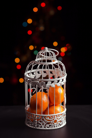 
tangerines in a cell on a background garlandsの写真素材