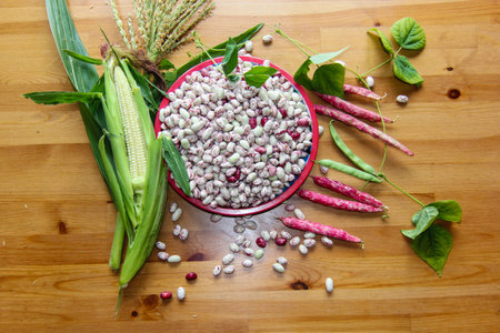 red and white peace at the brown wooden tableの写真素材