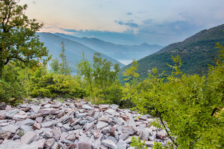 Sunset scenery of mountains and sea in Kotor bay in Montenegroの写真素材