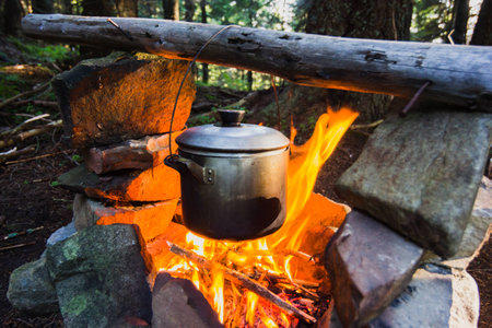 Cooking on fire in camp in mountain forest in summerの写真素材