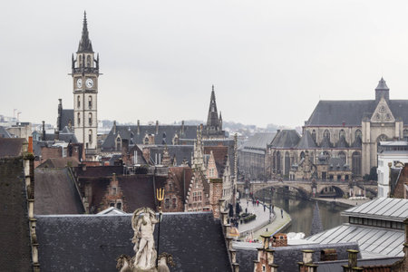 Architecture of streets of Ghent town6 Belgium in rainy day in winterの写真素材