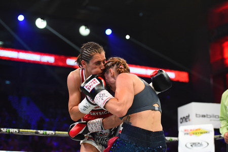 Gdansk, Poland -September 17, 2016: boxing fight between Ewa Piatkowska and Aleksandra Magdziak Lopes for WBC Women's World Superwelterweight Championshipのeditorial素材