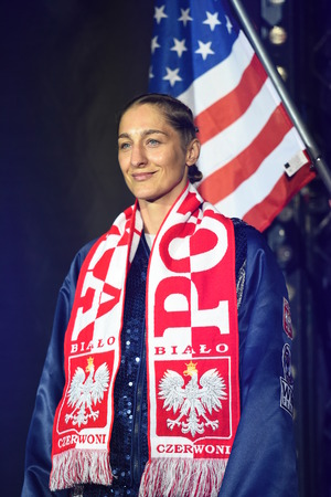 Gdansk, Poland -September 17, 2016: boxing fight between Ewa Piatkowska and Aleksandra Magdziak Lopes for WBC Women's World Superwelterweight Championshipのeditorial素材