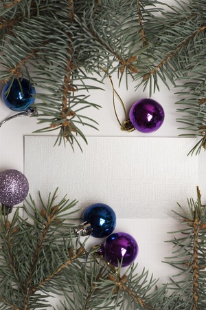 Set of christmas or new year decoration with colorful balls and new year tree on white background, copy spaceの写真素材