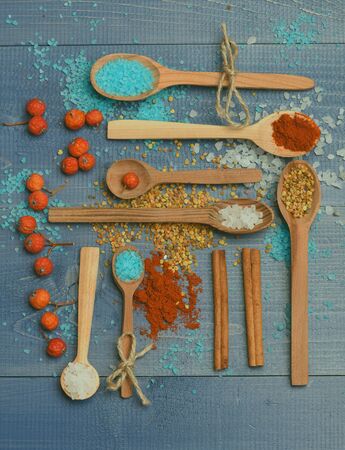 Ingredients for cooking of salt, cinnamon, guelder rose, paprika and spices on vintage wooden backgroundの写真素材