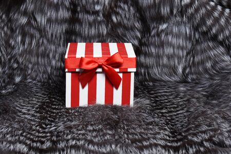 paper shopping bag or package red color of christmas or new year holiday gift or present striped box on grey fluffy fur coat background, copy spaceの写真素材
