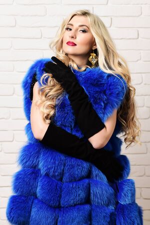 young fashionable sexy pretty woman with beautiful long curly blonde hair in waist coat of blue fur and black velvet gloves on brick wall studio backgroundの写真素材