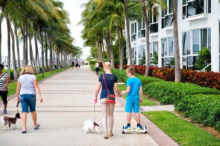 Miami, USA - February 12, 2016: people walkers going on road at beautiful Miami Beach with art deco architecture or hotel building and palm trees green color windy outdoorのeditorial素材