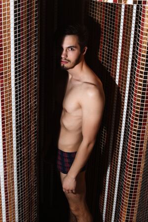 Handsome man, muscular bearded hipster or sexy macho with muscle torso in trunks stands in shower indoors on colorful mosaic backgroundの写真素材