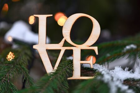 lovely wooden word or inscription "love" on snowy firry tree branches outdoor on bokeh light background, selective focusの写真素材