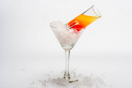 set of alcohol coctailcoctail sex on the beach and wineglass with ice isolated on white background, side viewの写真素材