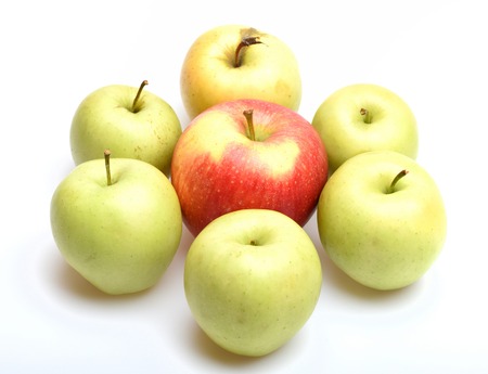 red, green color apple fruit with vitamin for healthy diet isolated on white backgroundの写真素材