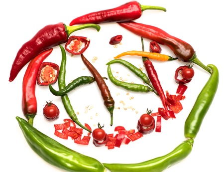 colorful fresh vegetables, cherry tomato, capsicum, pepper, chilli or paprika with seeds red, green...