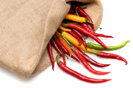 colorful fresh vegetable, capsicum, chilly pepper red, green, orange, yellow color with water drops isolated on white background in burlap sackの写真素材