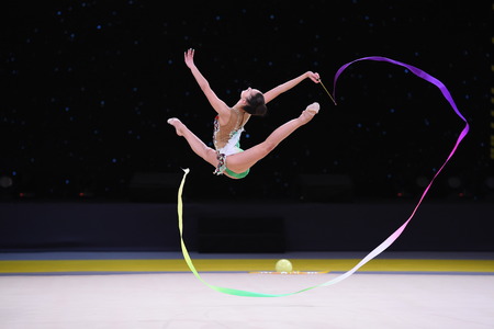 Kyiv, Ukraine- March 17, 2017: gymnast perform at rhythmic gymnastics competition "Deriugina cup" at Place of sport in Kyiv , Ukraineのeditorial素材