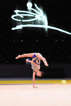 Kyiv, Ukraine- March 17, 2017: gymnast perform at rhythmic gymnastics competition "Deriugina cup" at Place of sport in Kyiv , Ukraineのeditorial素材