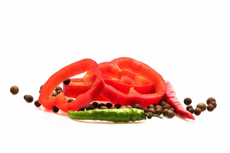 fresh vegetable, capsicum, allspice, chilly, sweet pepper, cut paprika red, green color isolated on white background, copy spaceの写真素材