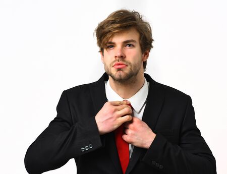 Bearded man, short beard. Caucasian stylish business man with moustache in elegant black suit and red tie posing in studio isolated on white backgroundの写真素材