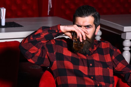 bearded man, long beard, brutal caucasian hipster with moustache holding glass with whiskey has serious face, unshaven guy with stylish hair in checkered shirt sitting in red chair, armchairの写真素材