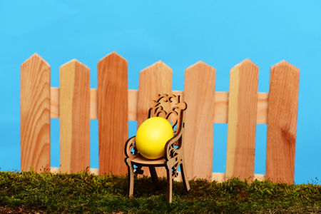 easter egg painted in yellow color at wooden fence on chair on green moss on blue background, spring holiday celebrationの写真素材