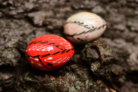 set of colorful handmade eggs with designs or patterns in selective focus on bark wooden background....