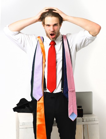 Bearded man, short beard. Caucasian bearded surprised sexy macho with moustache holding colorful...